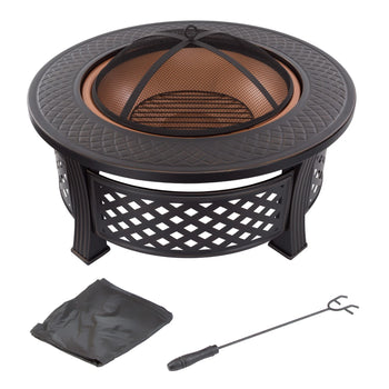 32-Inch Round Wood Burning Fire Pit with Spark Screen Cover and Log Poker