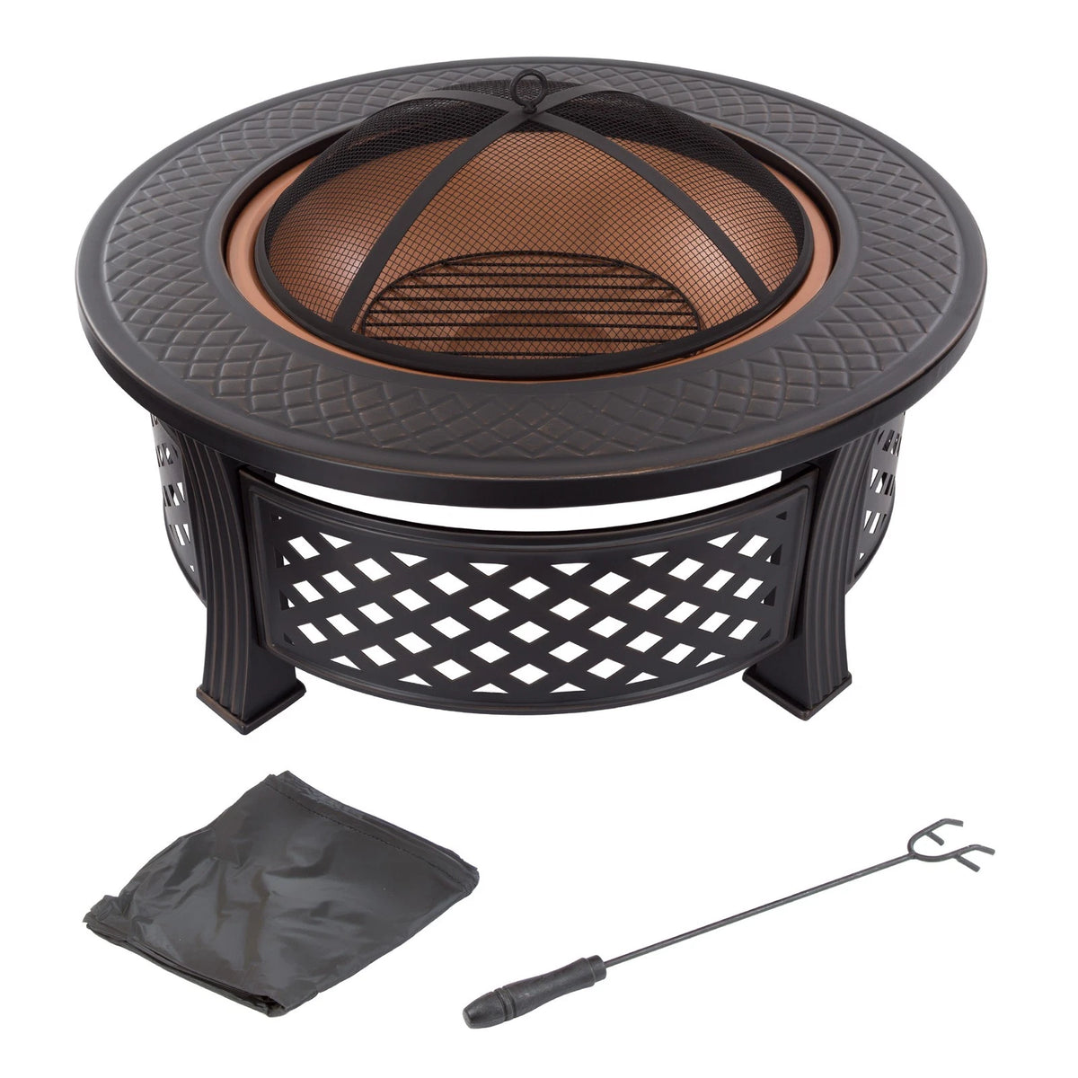 32-Inch Round Wood Burning Fire Pit with Spark Screen Cover and Log Poker