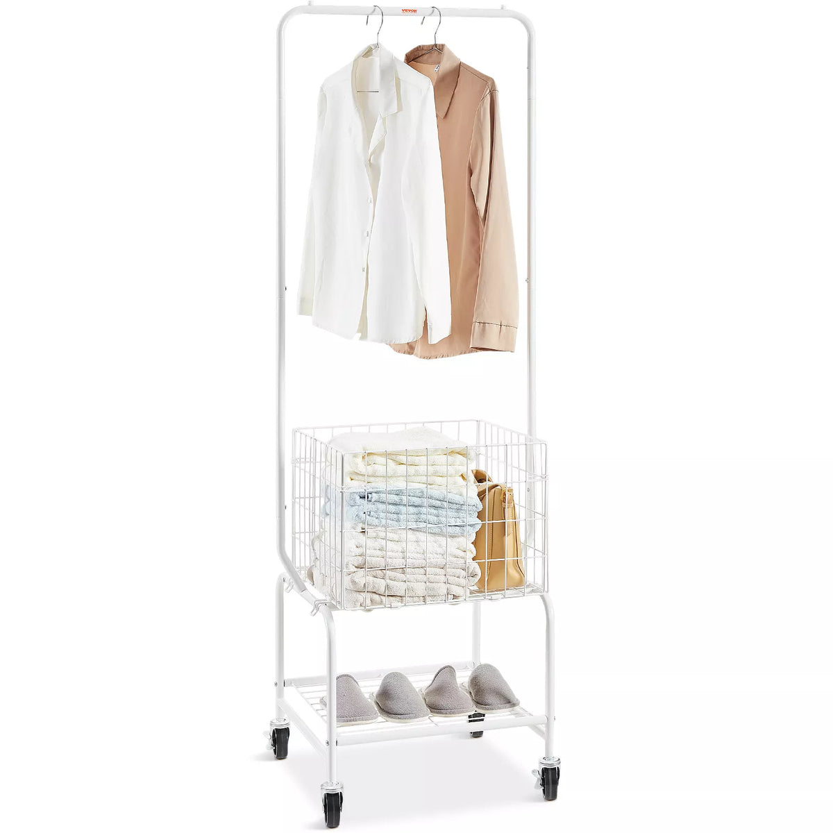 Rolling Laundry Cart Hanging Rack Adjustable Bar Wheels