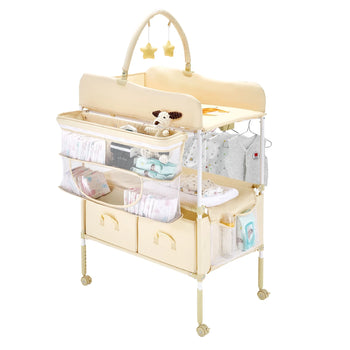 Beige Foldable Baby Changing Table with Basket, Drawers & Toys
