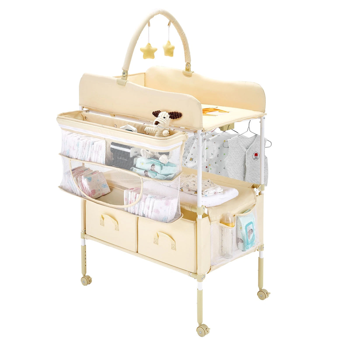 Beige Foldable Baby Changing Table with Basket, Drawers & Toys