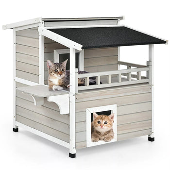 2-Story Weatherproof Wooden Cat Condo w/ Balcony