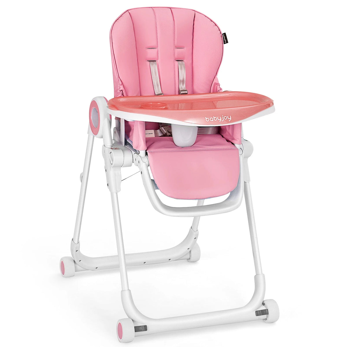 Foldable Baby High Chair with Double Tray, Wheels & Recline Pink