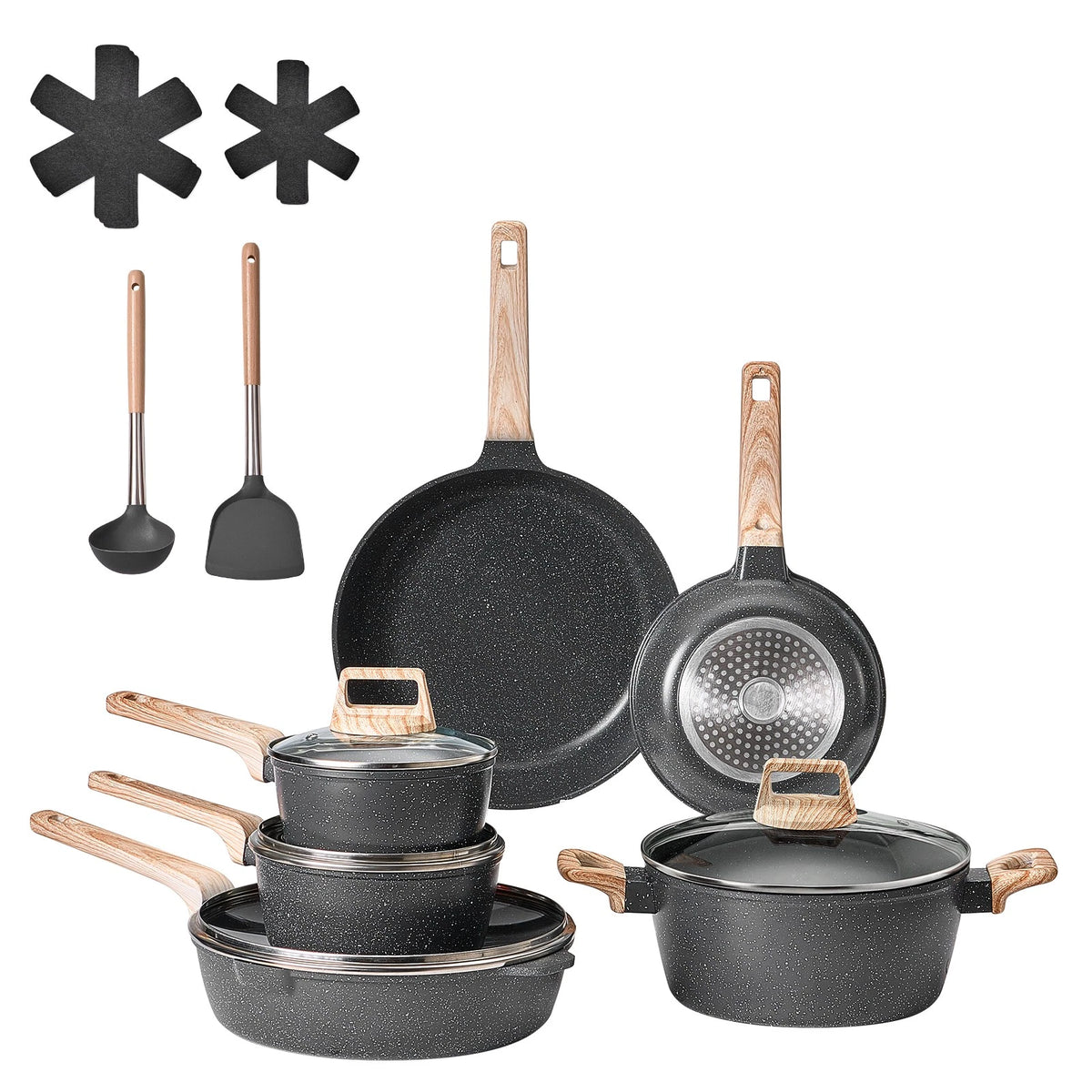 17-Piece Granite Nonstick Pots and Pans Set with Lids for All Stovetops