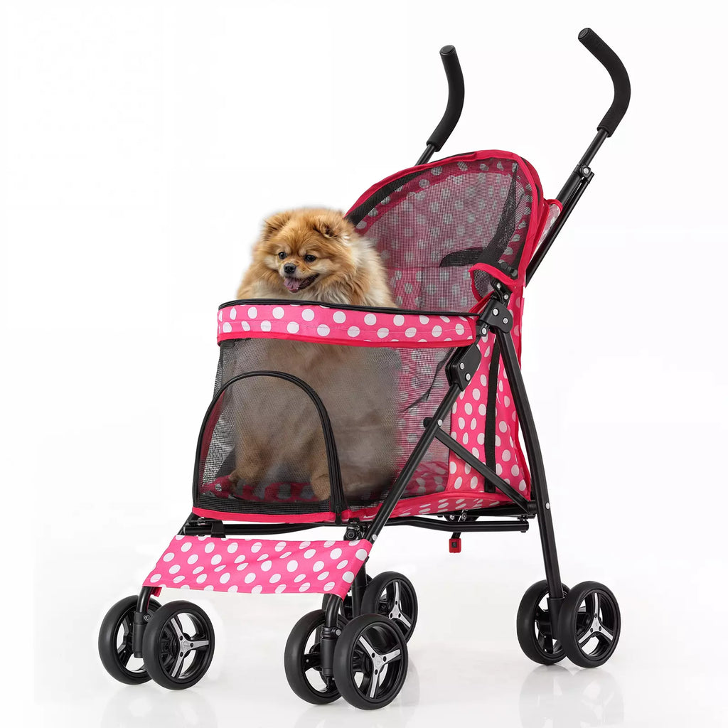 Foldable Pet Stroller with Mesh and Storage Basket Hot Pink