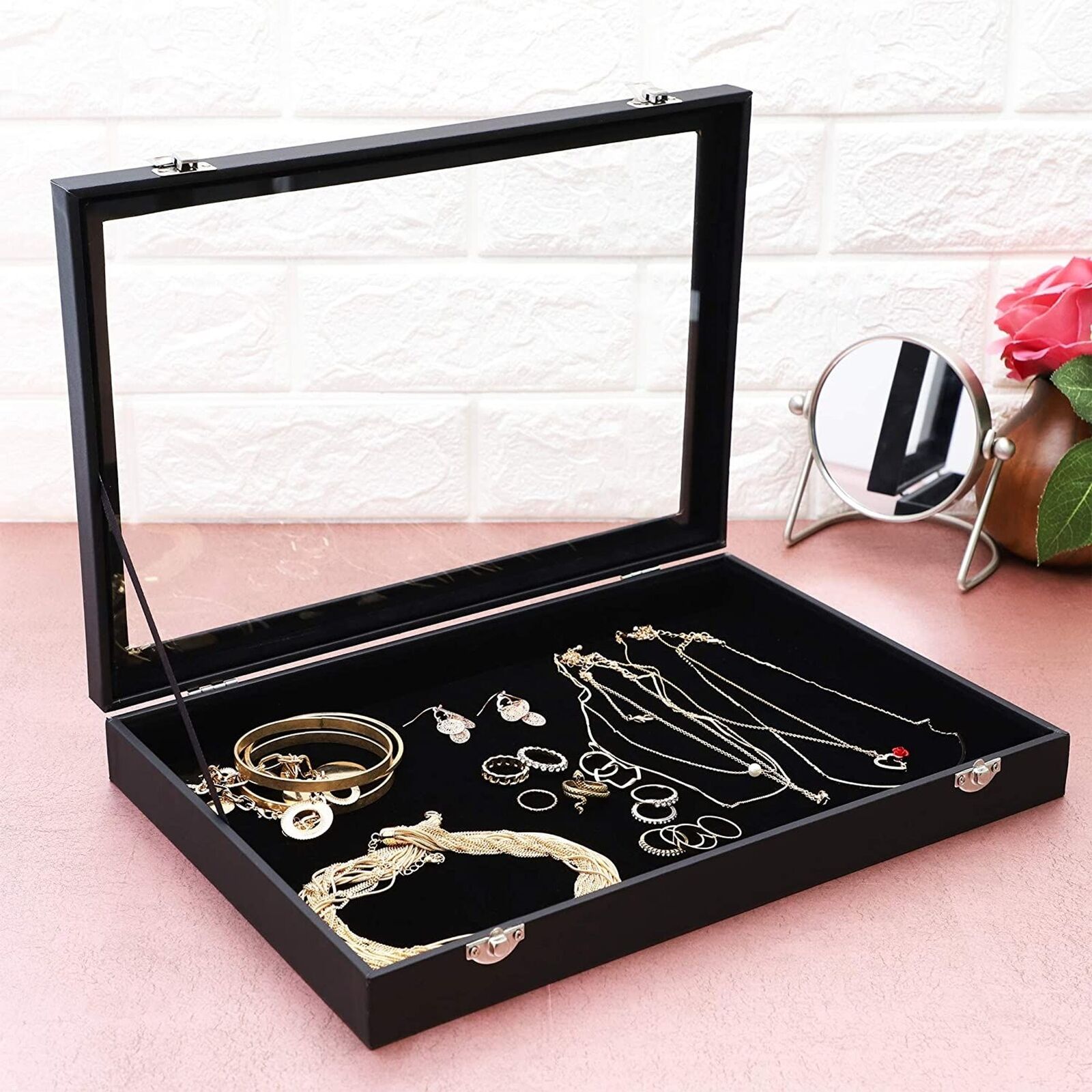 Black Velvet Jewelry Display Case for Rings, Bracelets, Necklaces