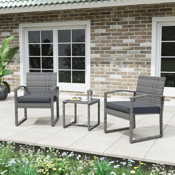 3-Piece Outdoor Wicker Chat Set Cushioned Patio Chairs & Table