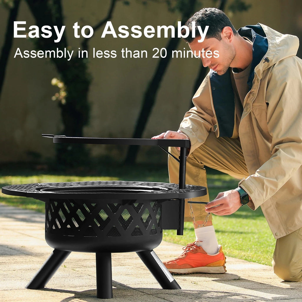 Outdoor Wood Fire Pit 32 Inch BBQ Grill Swivel Cooking Patio Heater
