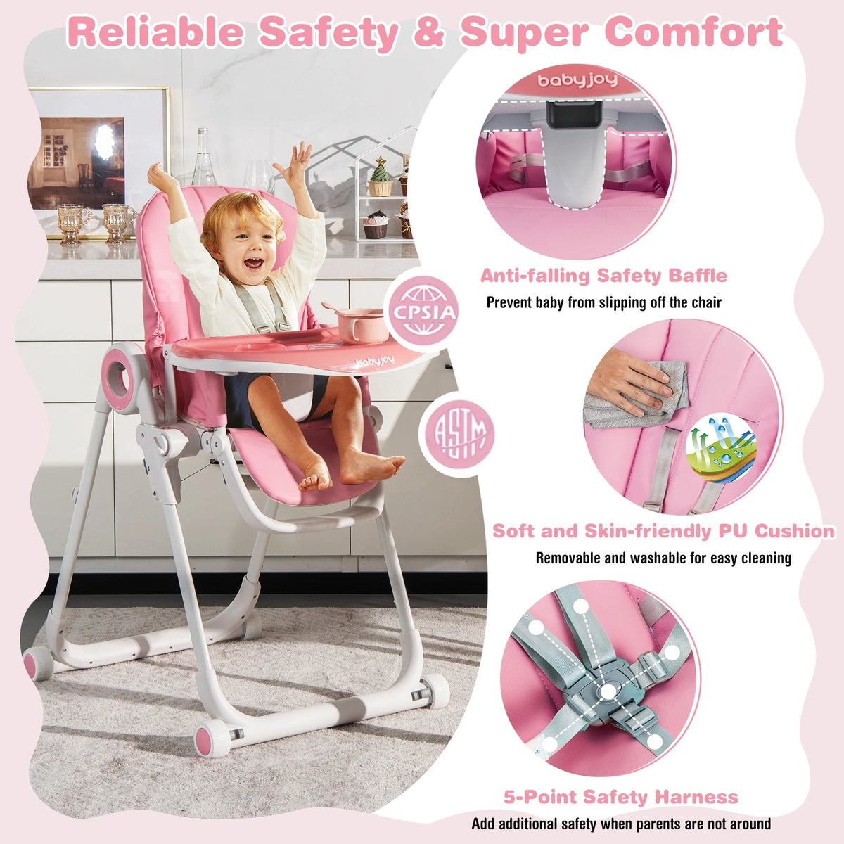 Foldable Baby High Chair with Double Tray, Wheels & Recline Pink