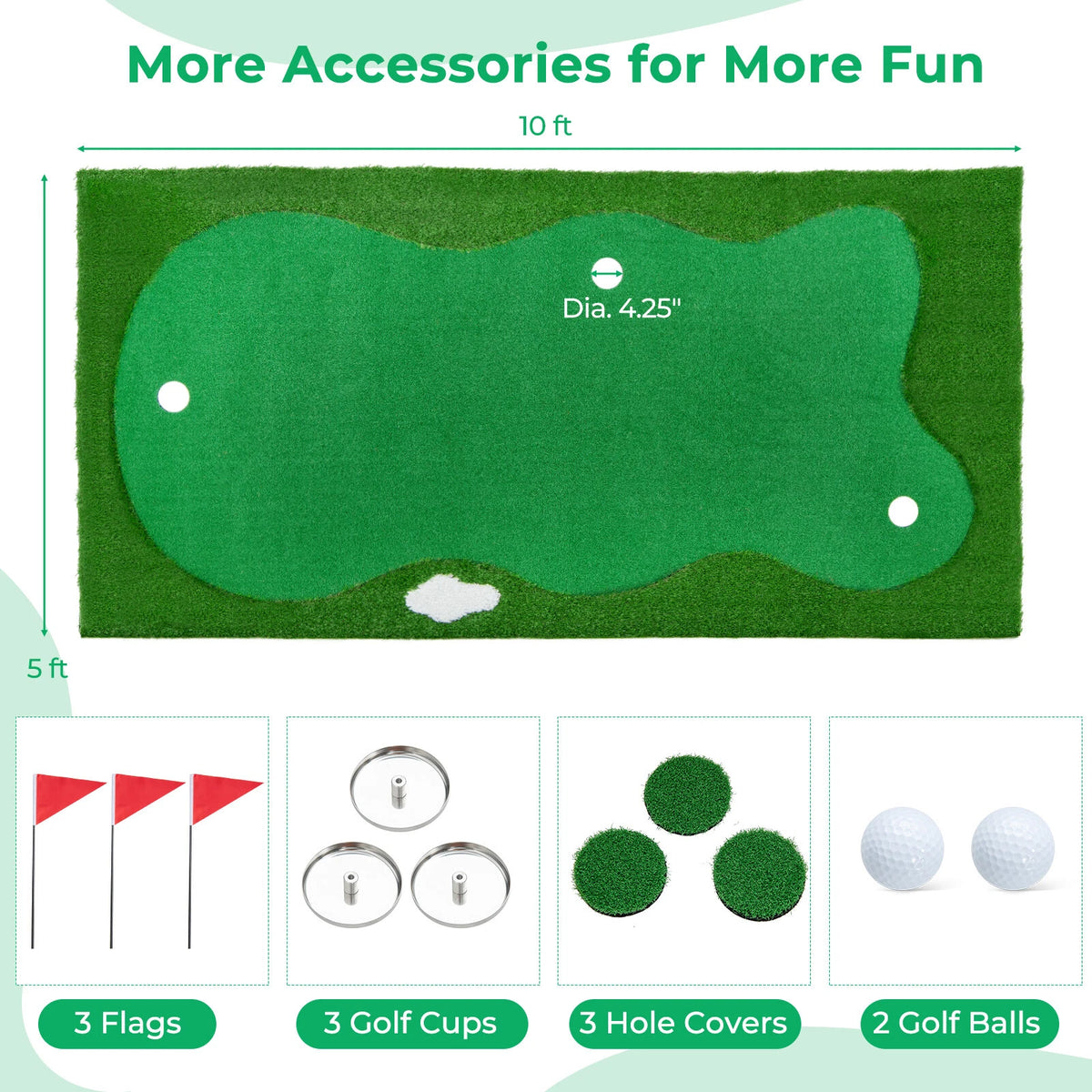 10x5 FT Golf Putting Green Mat with 3 Holes and Complete Accessories