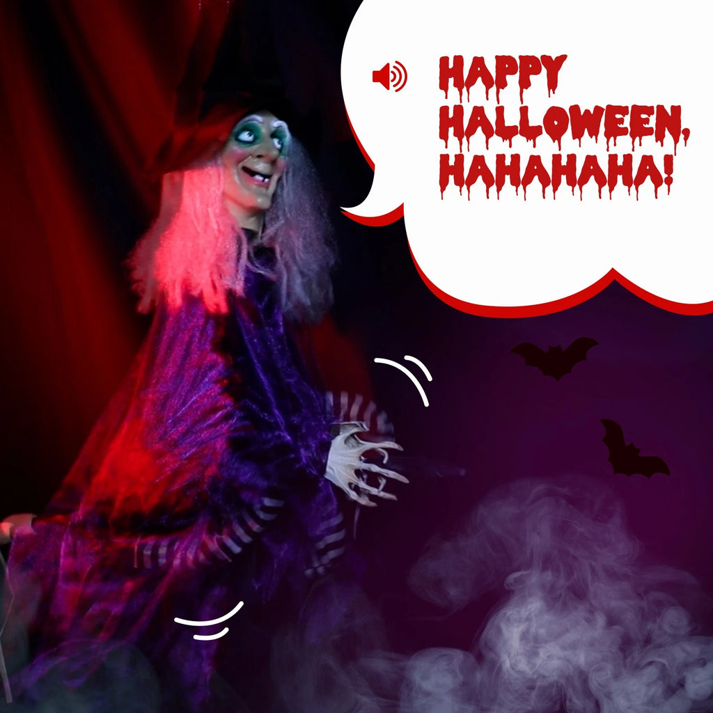 3 FT Animated Talking Witch with Glowing Eyes and Broom Halloween Decor