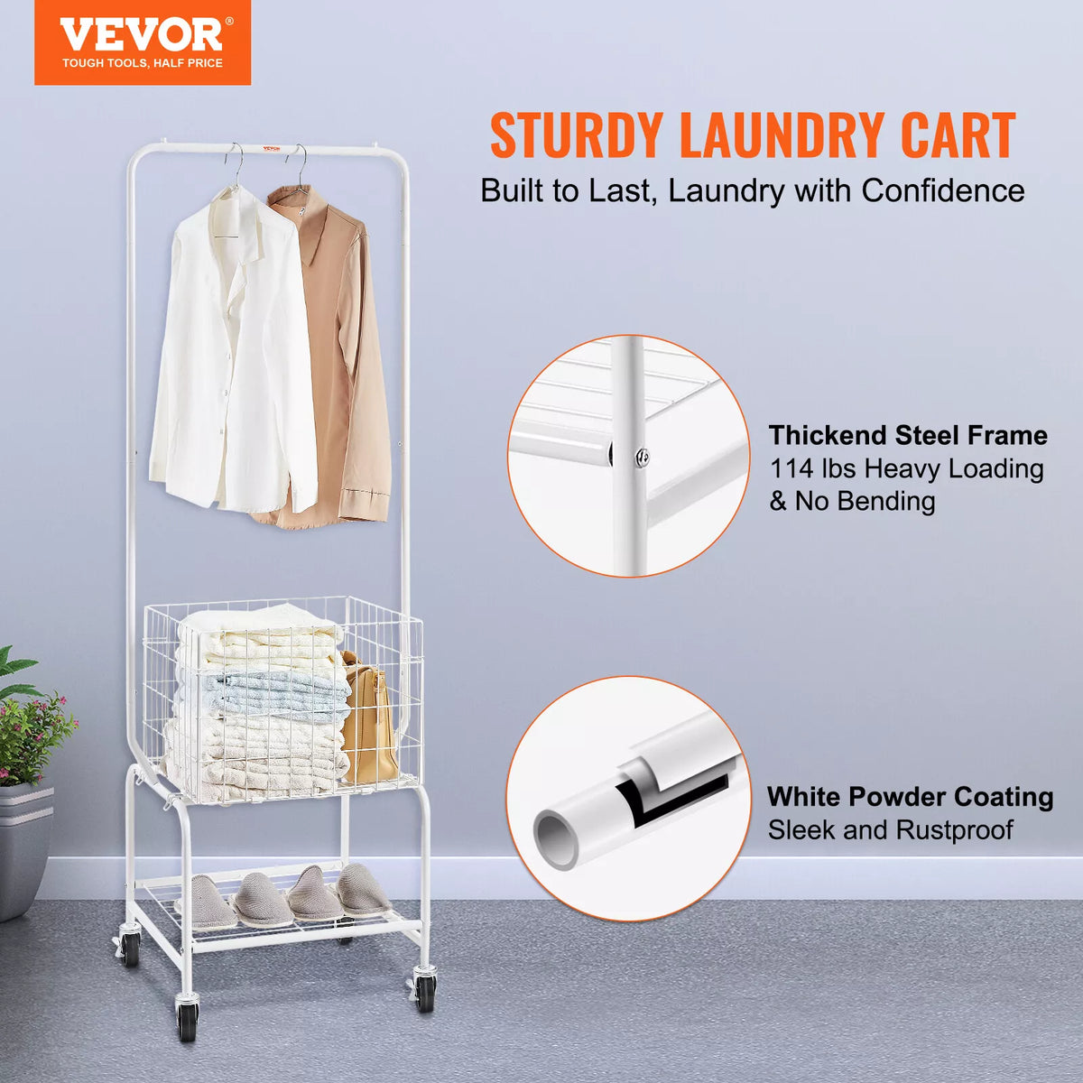 Rolling Laundry Cart Hanging Rack Adjustable Bar Wheels