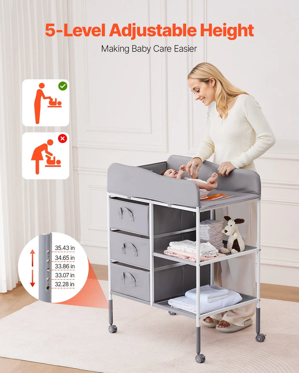Adjustable Baby Changing Table with Storage Drawers and Wheels