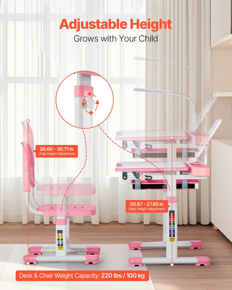 Pink Kids Desk and Chair Set with Adjustable Height and Tilted Desktop