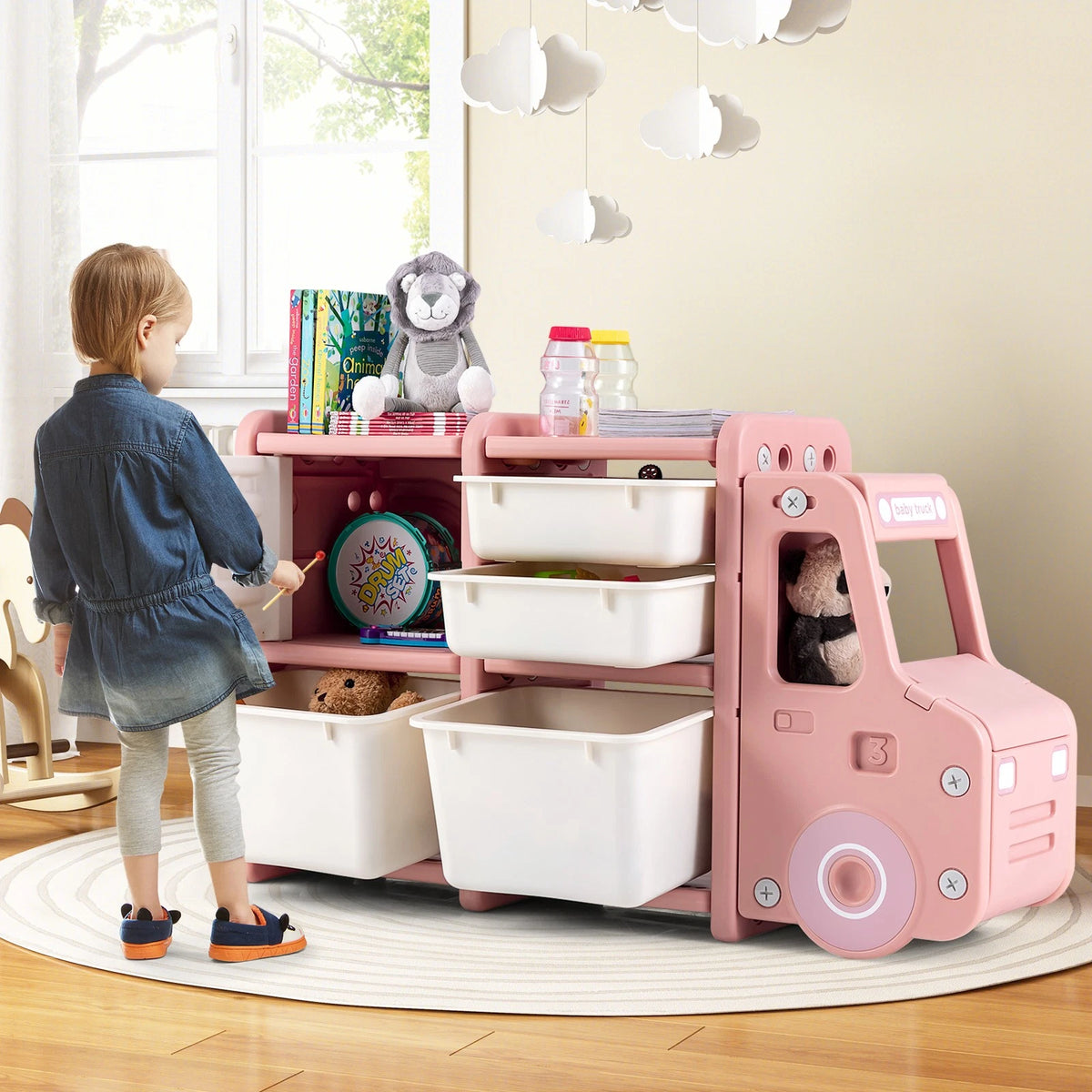 Truck-Themed Kids Toy Organizer with Storage Bins and Drawers Pink