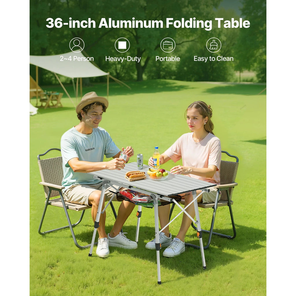 Camping Table Roll Up Top with Storage Mesh Shelf Foldable