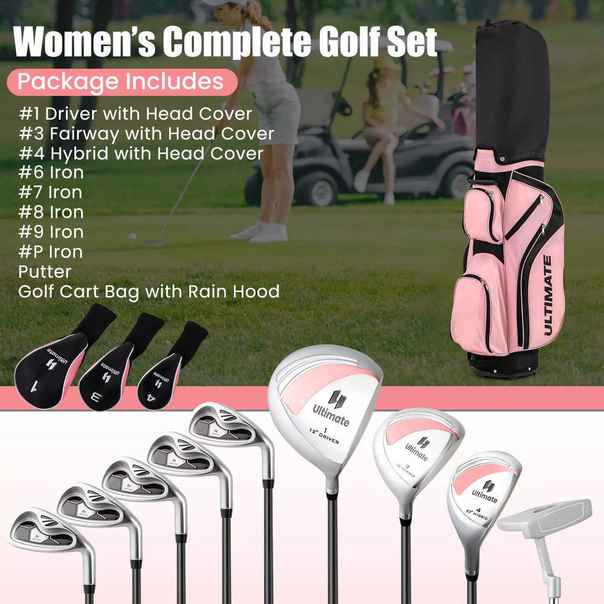 Women’s 10-Piece Golf Club Set with Stand Bag and Alloy Driver Pink
