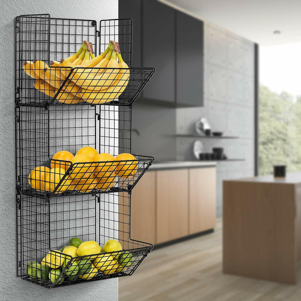 3-Tier Foldable Fruit Stand Wall Mount Kitchen Storage Organizer