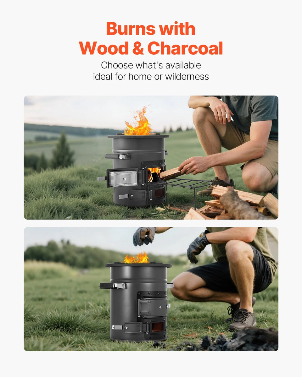 Camping Stove Portable Wood Charcoal Cooker Double Door