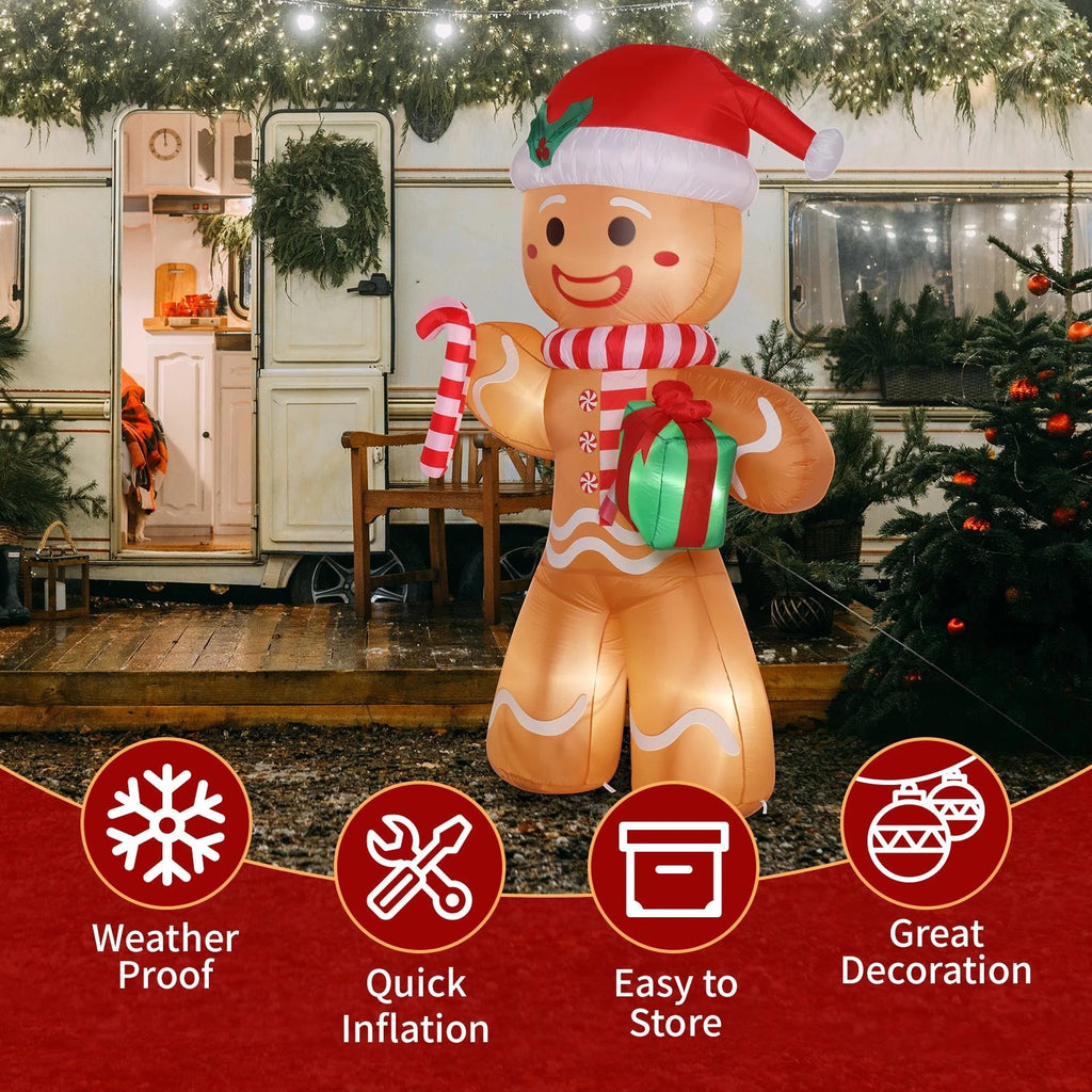 8FT Lighted Gingerbread Man Inflatable with Gift for Outdoor Christmas Decor
