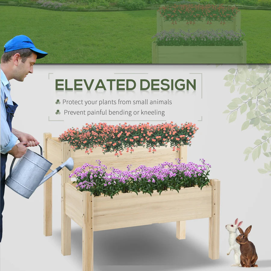 2-Tier Wooden Raised Garden Bed Planter Box Outdoors 34"x34"x28"