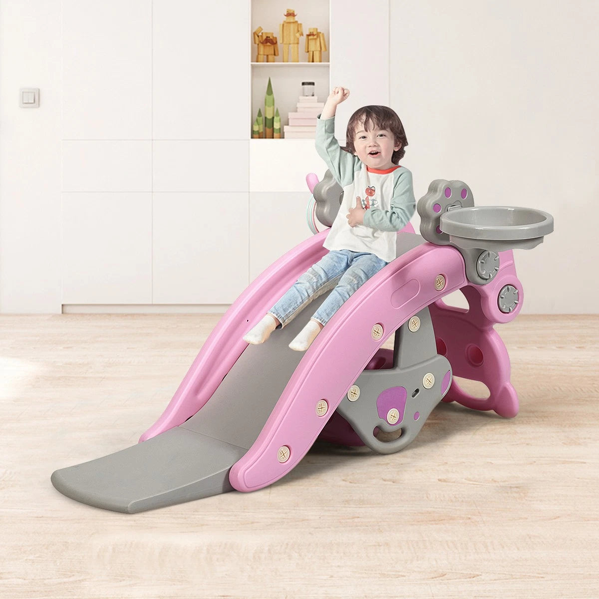 4-in-1 Toddler Rocking Horse Slide Set with Hoop & Ring Toss Pink