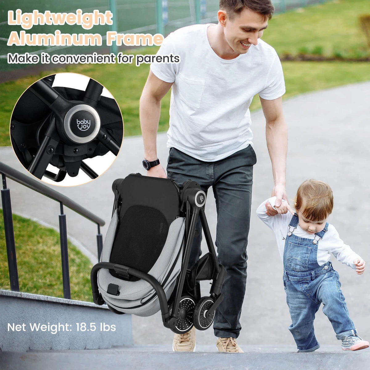 Foldable Baby Stroller with Reclining Backrest & Adjustable Handle