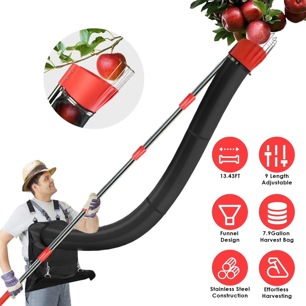 Extendable Fruit Picker Pole 13.43FT with Harvest Bag Kit Tool