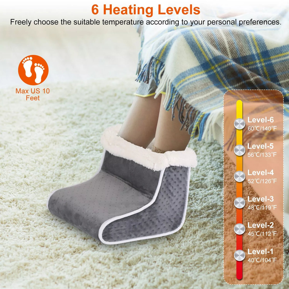 Electric Foot Warmer with 6 Adjustable Heat Settings & Auto Timer