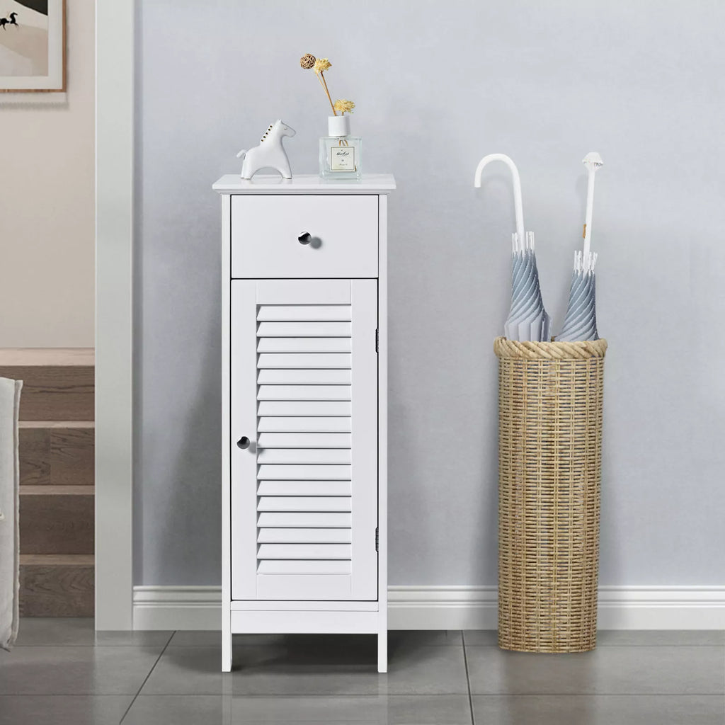 Slim White Bathroom Storage Cabinet with Drawer & Shutter Door