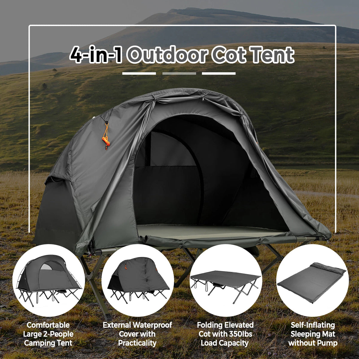2-Person Camping Tent Cot Set with Rain Cover Mattress & Carry Bag