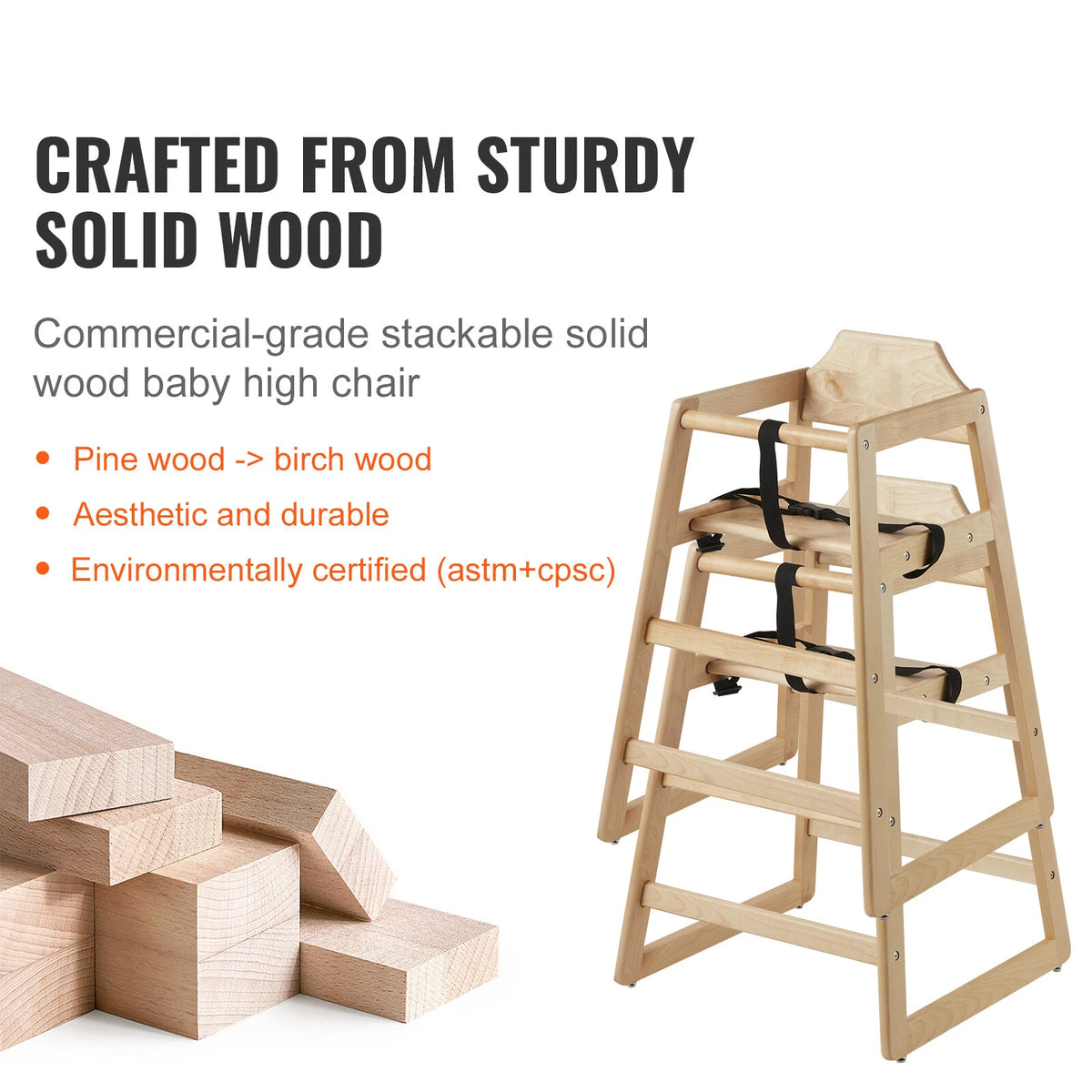 Birch Wood Baby High Chair with Harness and Anti-Slip Foot Pads