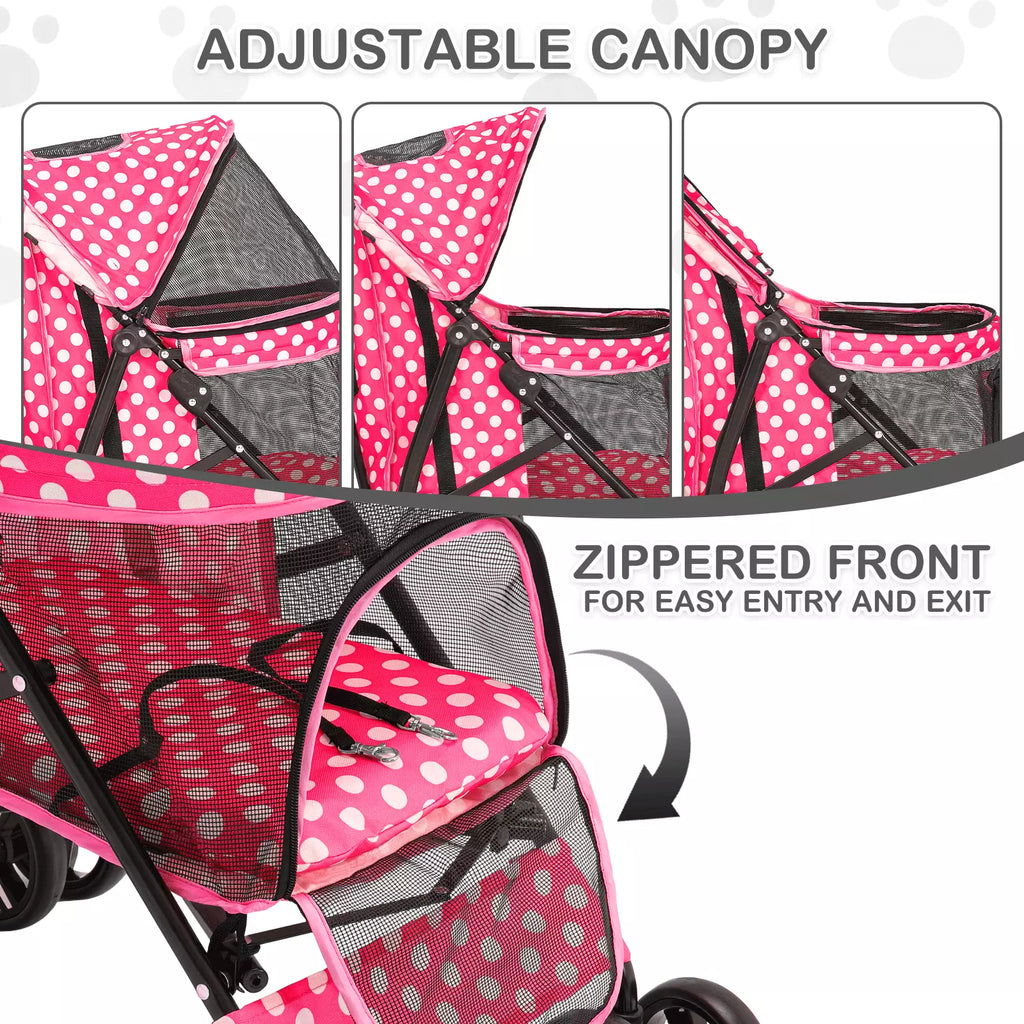 Foldable Pet Stroller with Mesh and Storage Basket Hot Pink