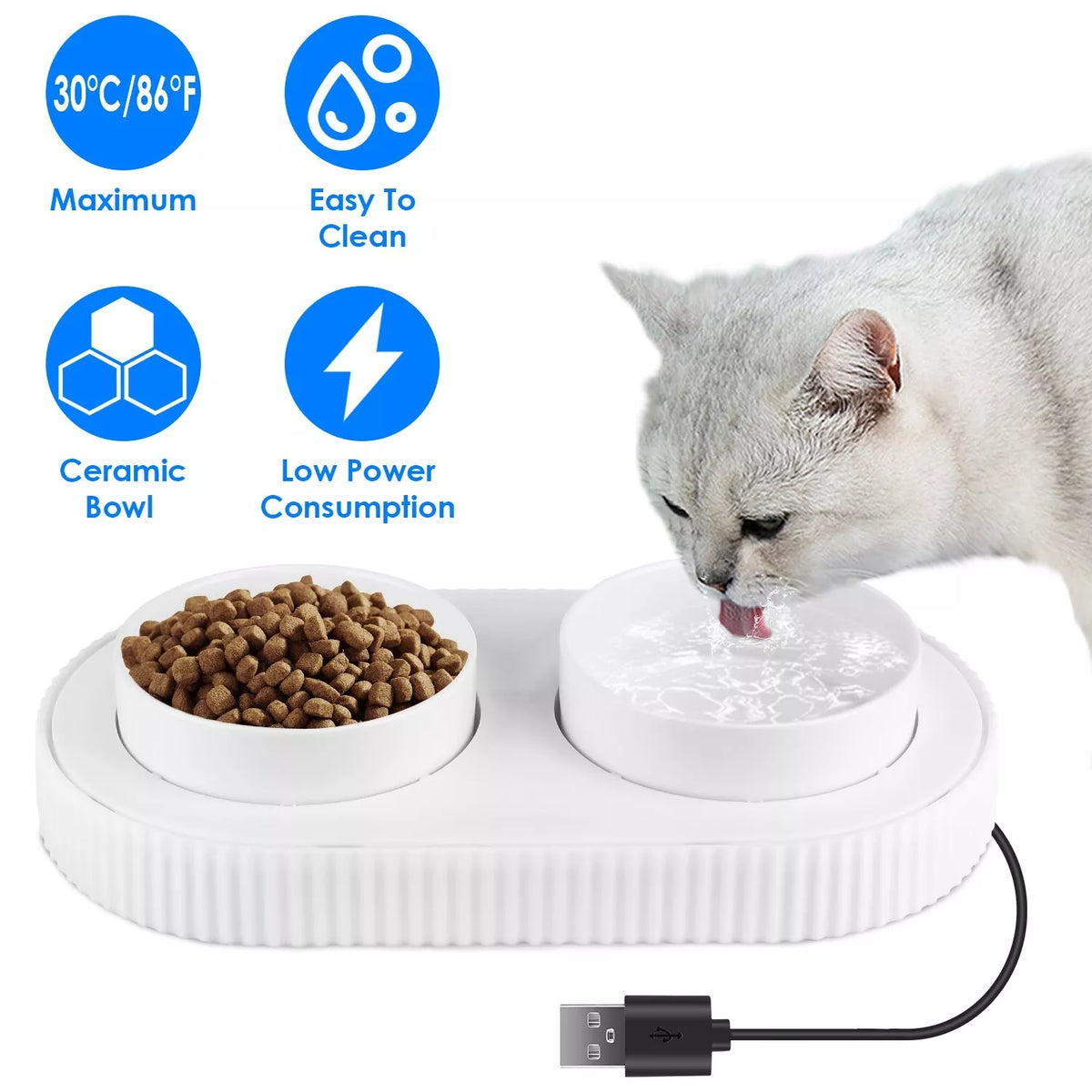 USB Heated Water & Food Bowl for Pets Dual Ceramic 350ML Capacity