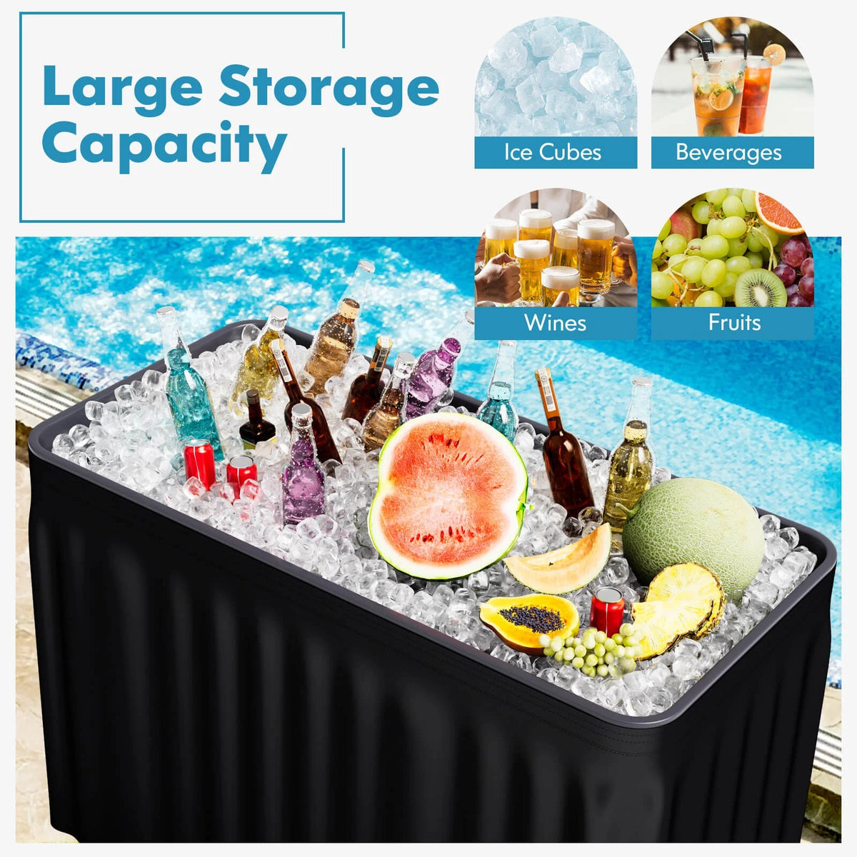 Portable 4FT Ice Cooler Table Party Drink Station with Skirt Black