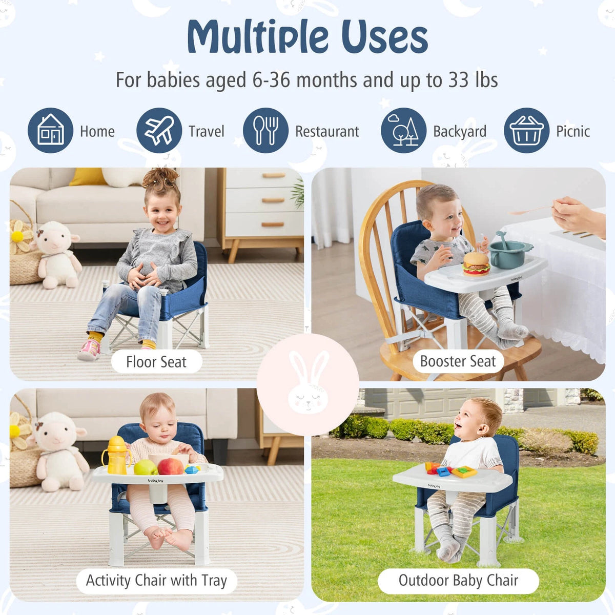 Folding Toddler Travel Booster Seat with Double Tray and Bag Blue