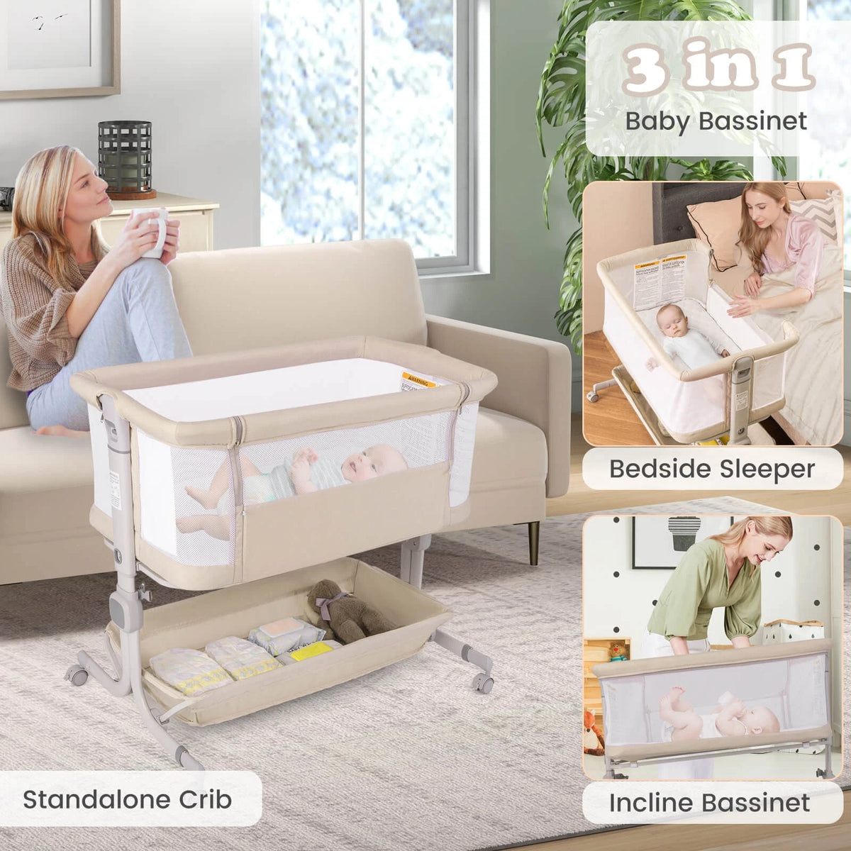 3-in-1 Baby Bassinet with Wheels, Storage & Adjustable Height Beige