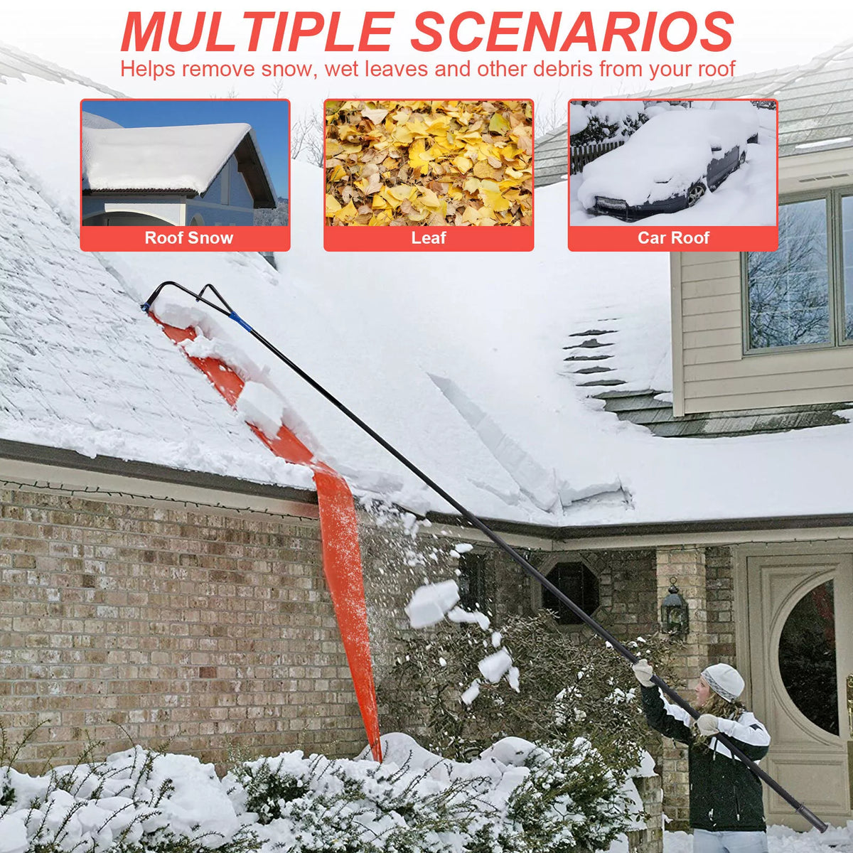 Adjustable 21-Foot Roof Snow Rake with Cutter Wheels