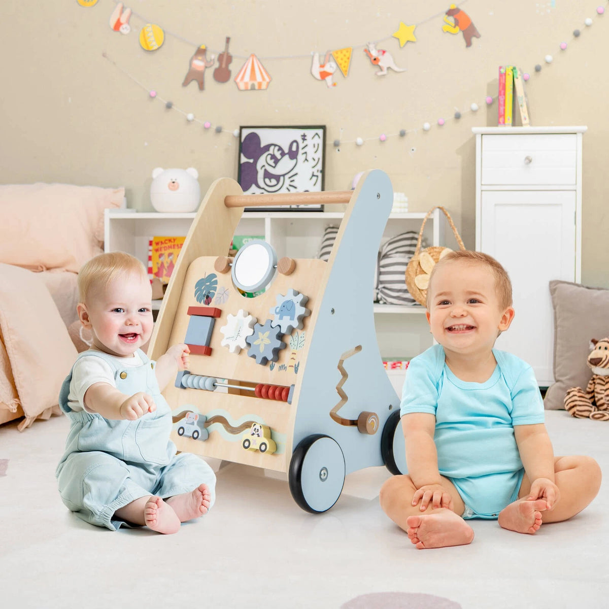 Wooden Baby Push Walker with Multi-Activity Learning Center & Storage