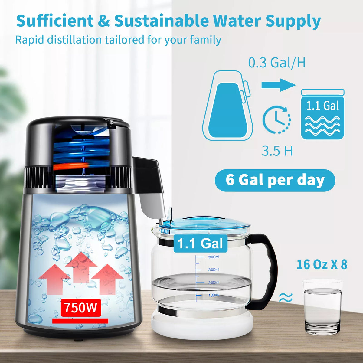 4L Home Water Distiller with Timer Temp Display & Glass Container