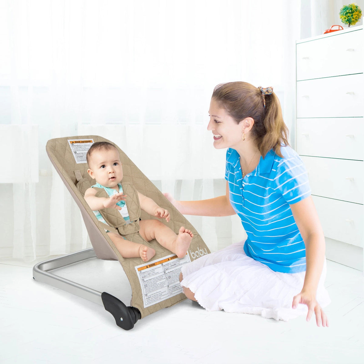 Folding Baby Bouncer with Ergonomic Backrest Breathable Design Beige