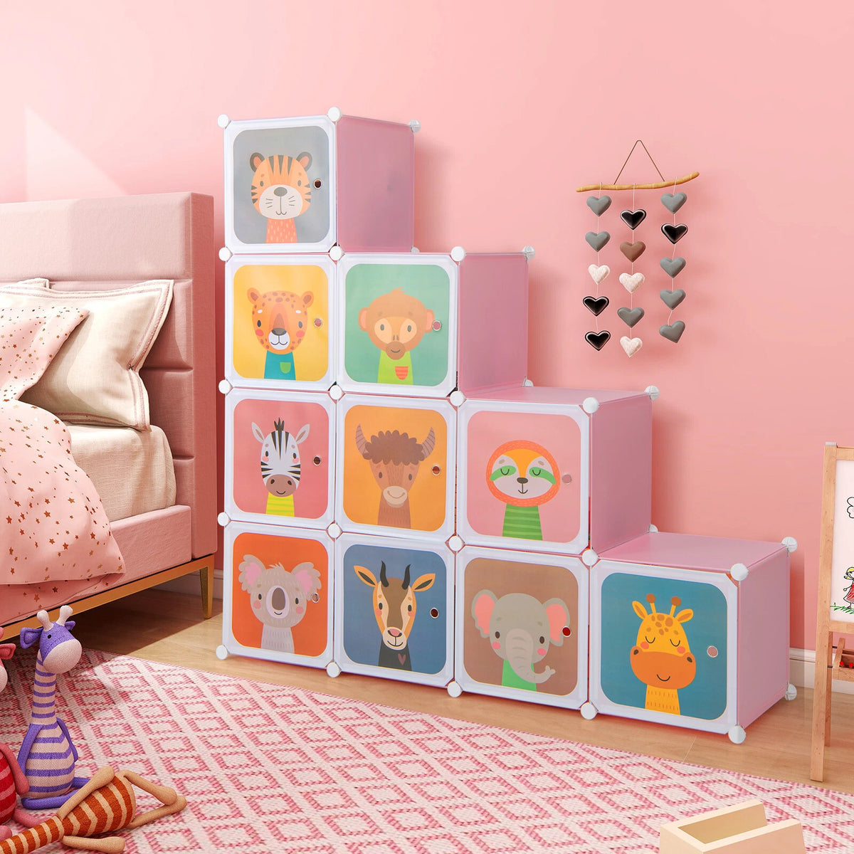 12-Cube Kids Closet Organizer with Hanging Rod & Animal Doors Pink