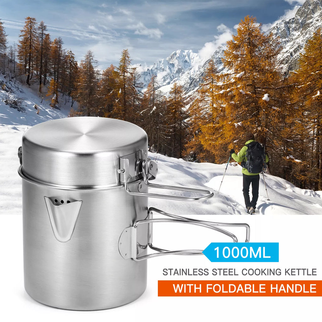 1L Stainless Steel Camping Pot with Lid, Spout & Foldable Handle