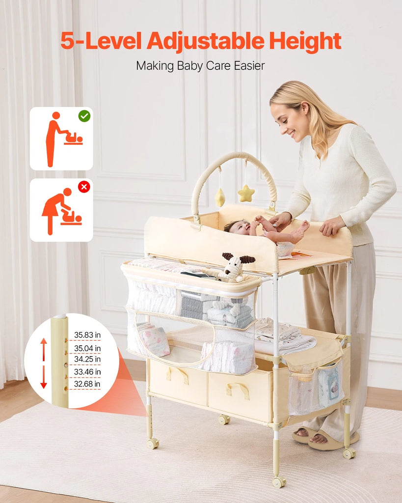Beige Foldable Baby Changing Table with Basket, Drawers & Toys