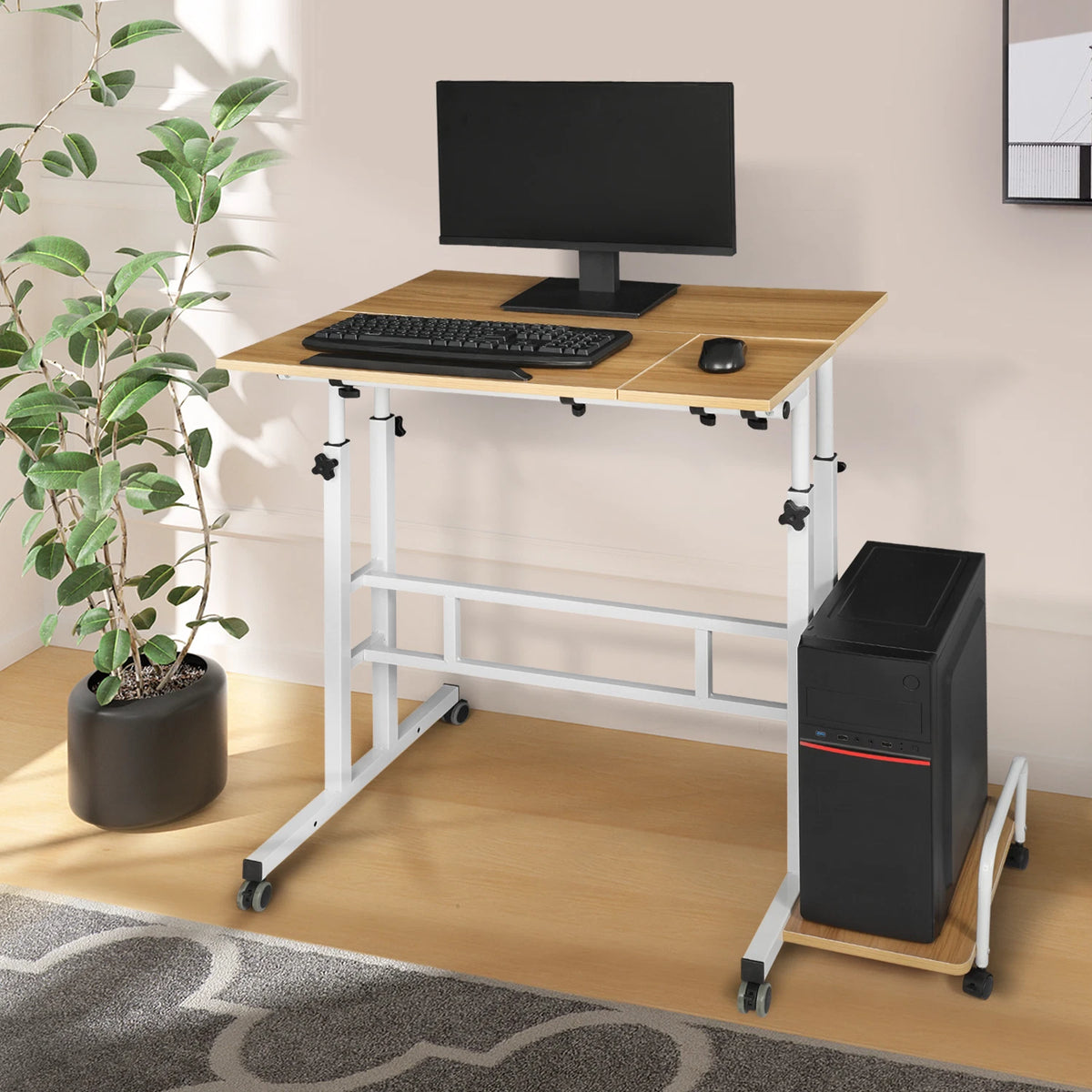 Rolling Adjustable Height Laptop Desk with CPU Stand Modern Workstation
