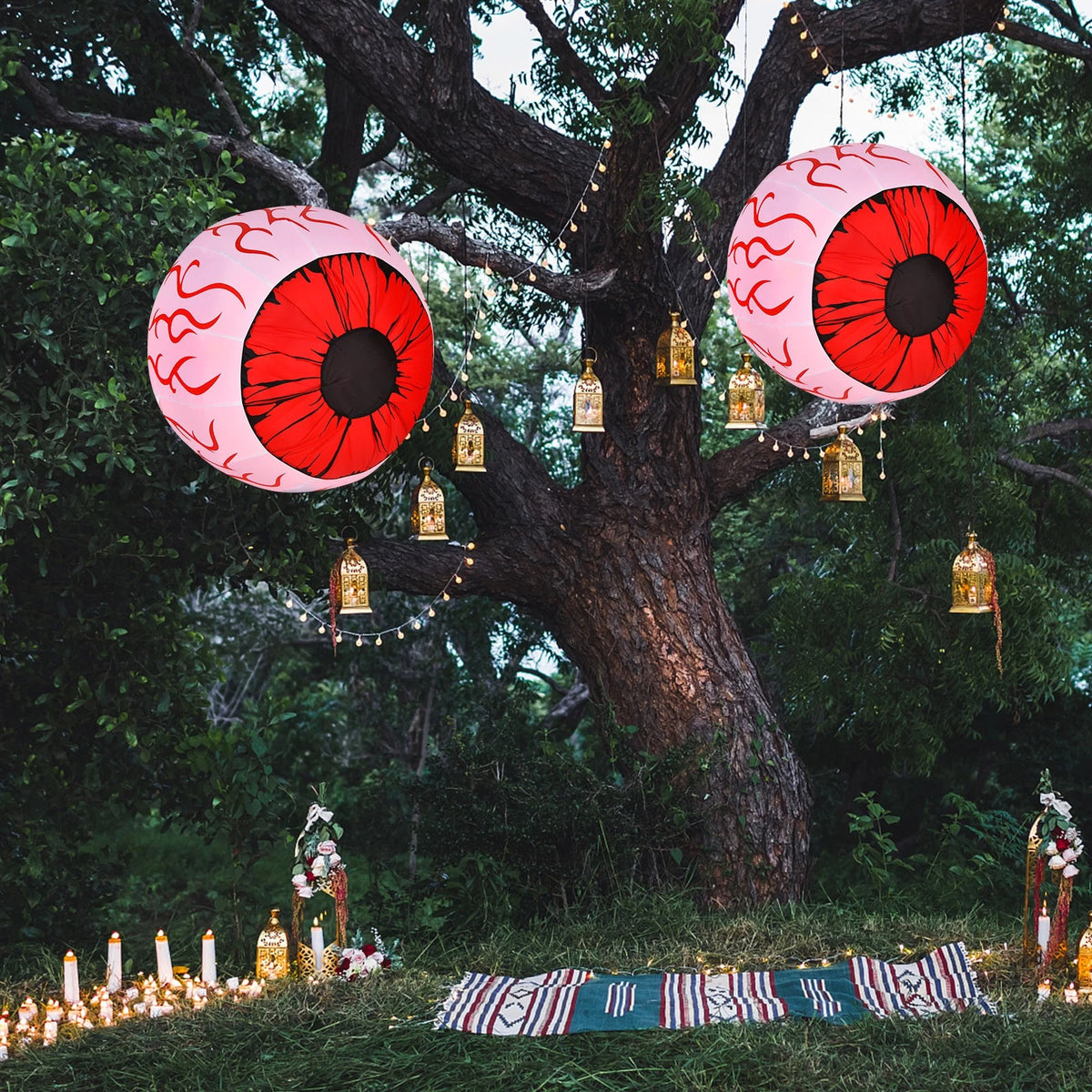 2 Pack 3FT Halloween Inflatable Eyeballs with Red LED Lights & Blower
