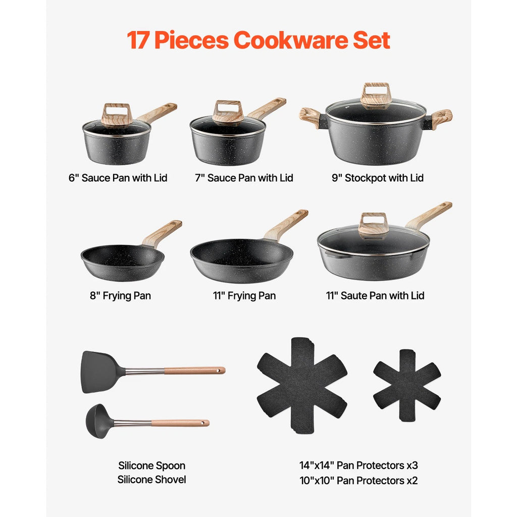 17-Piece Granite Nonstick Pots and Pans Set with Lids for All Stovetops