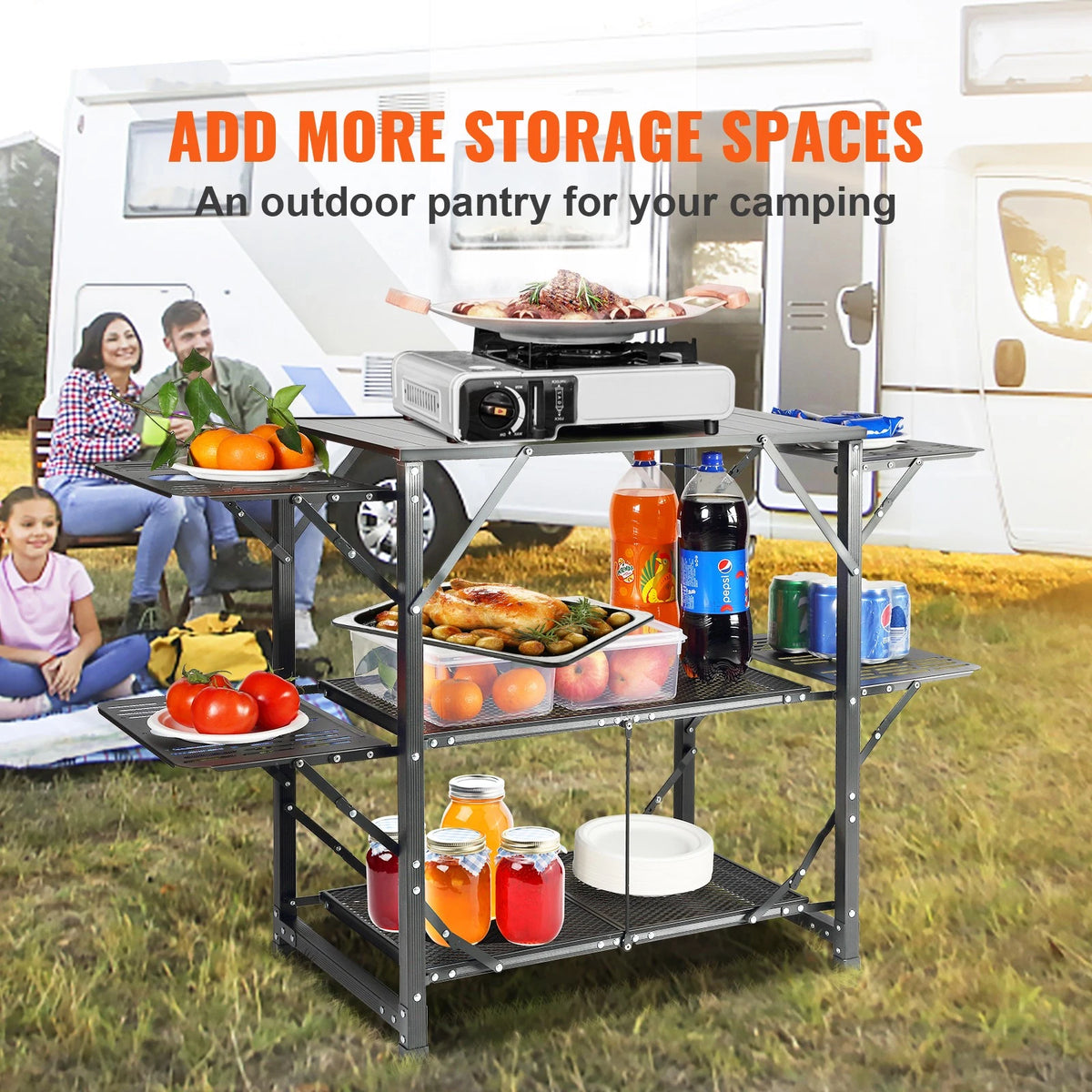 Portable Camping Kitchen Table with 5 Foldable Tables & 2 Storage Shelves