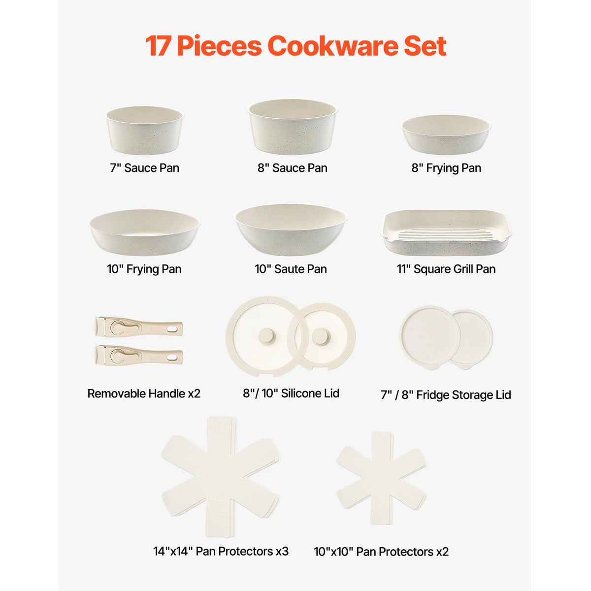 17-Piece Nonstick Pots and Pans Set with Detachable Handle & Lids