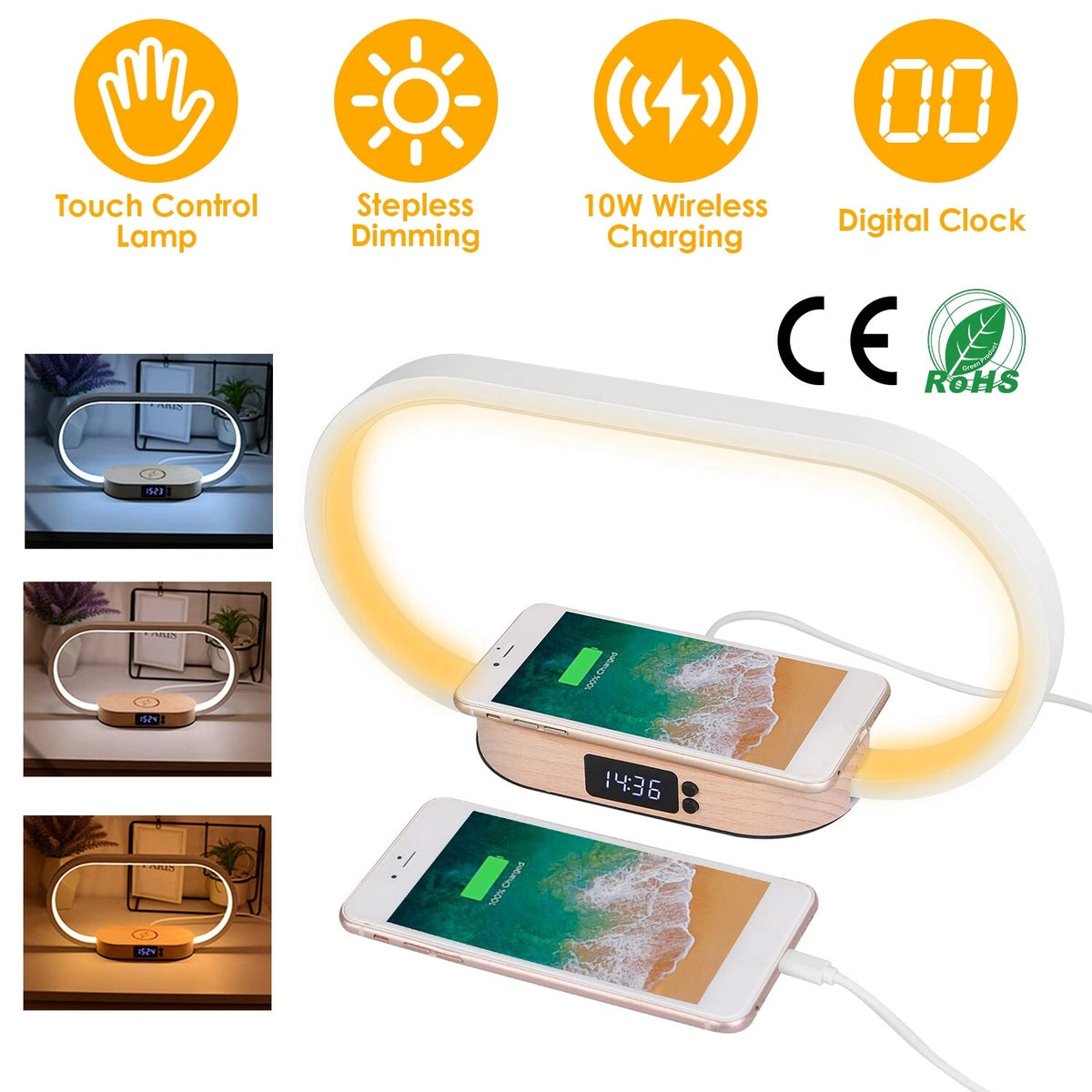 Modern LED Bedside Lamp with Wireless Charger, USB Port & Clock Hub